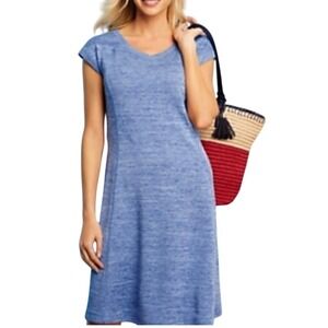 Talbots Knit Dress V-Neck Casual Comfy Blue Heathered Cap Sleeve Size Medium‎